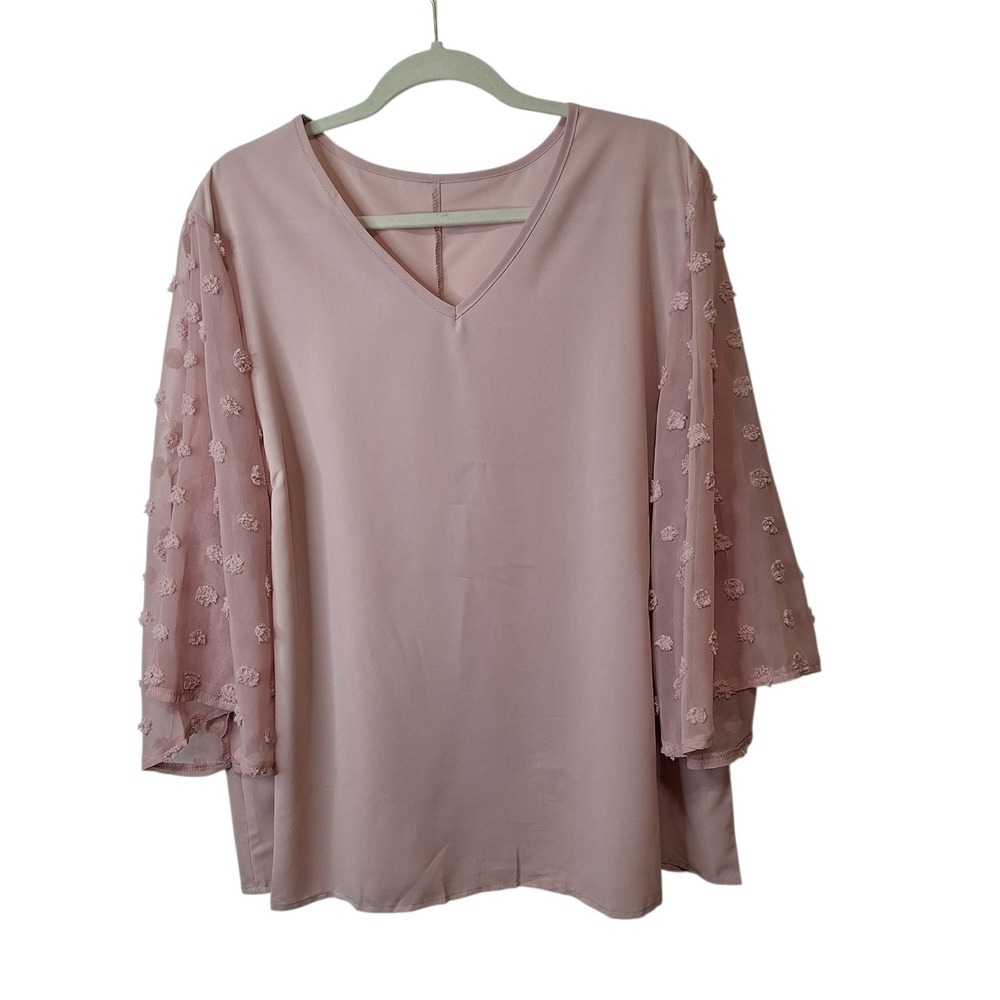 Womens Unbranded Pink V Neck Pullover Top 3XL Sheer Swiss Dot Flare Sleeves